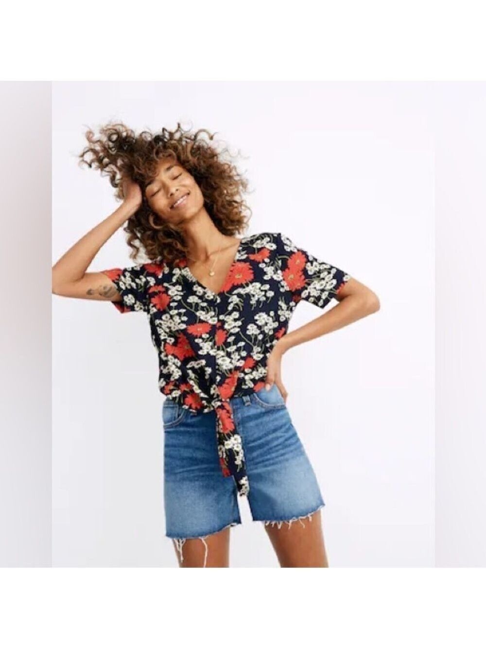 Madewell Black and Red Floral Tie-Front Blouse Size XS